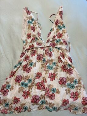 Floral V-Neck Summer Dress in White with Pink & Teal Flowers